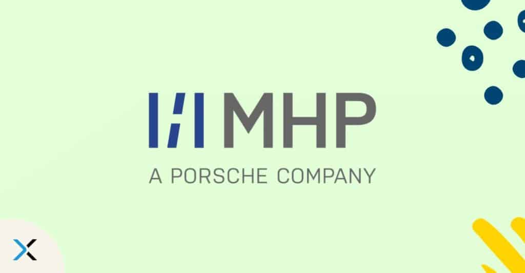 The banner states "MHP A Porsche Company" and accompanies a blog about the Content Maturity Model and how it improves the content development lifecycle.