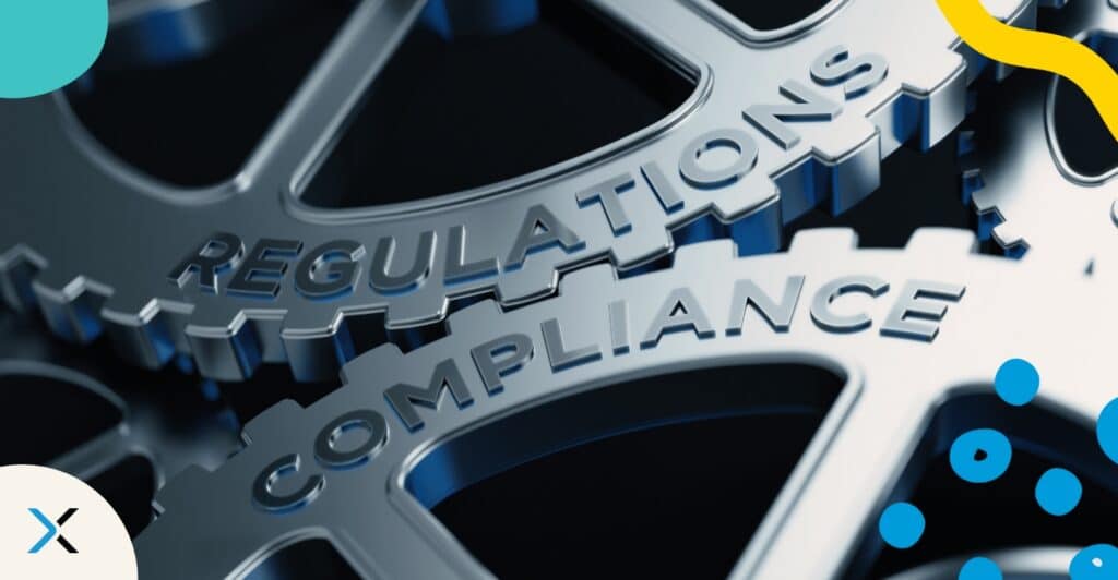 Two gears, labeled with "Regulations" and "Compliance" symbolize pharma content compliance.