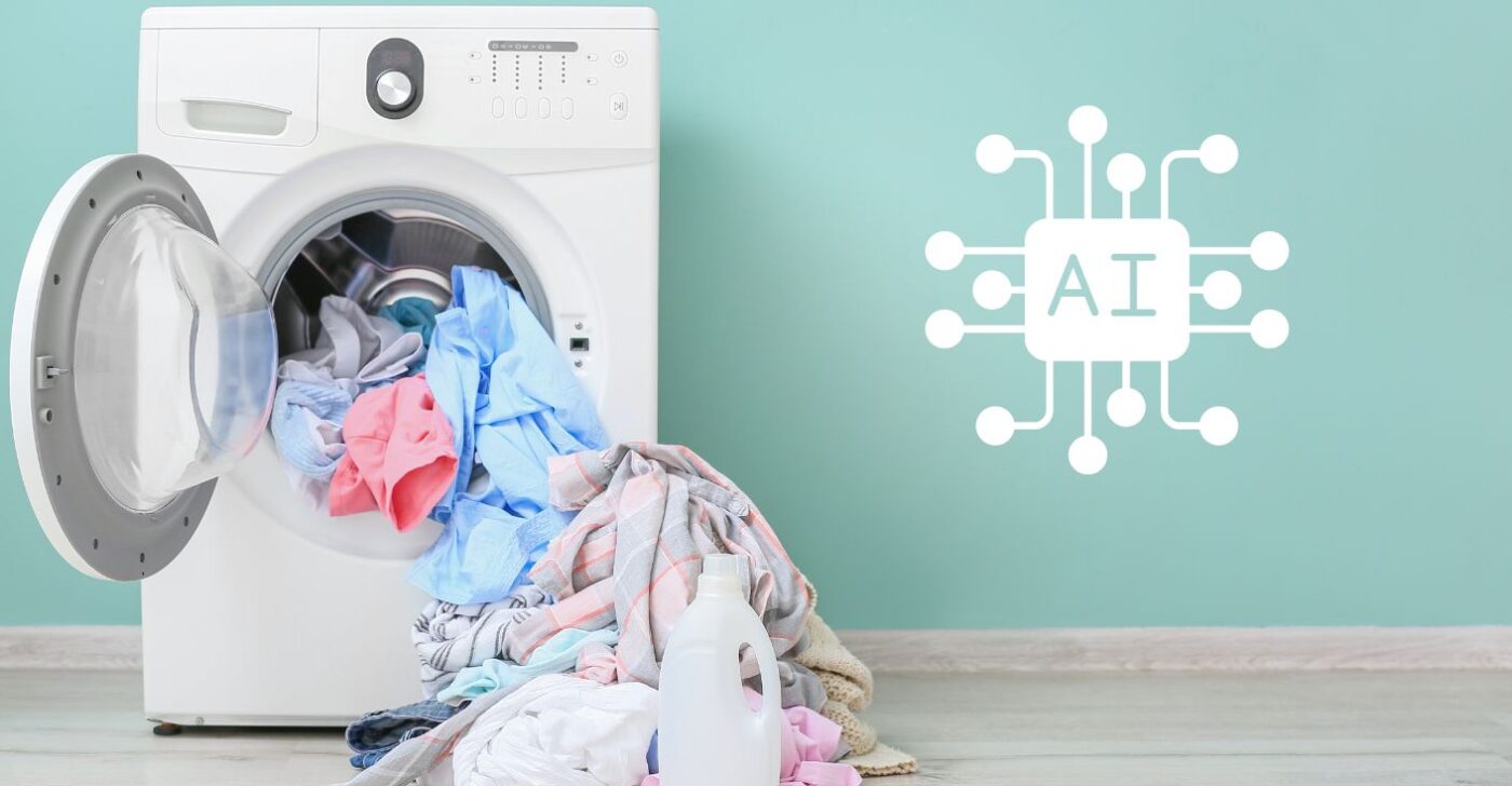 Against a mint green background is a washing machine with clothes tumbling out of it with an AI icon on the right of the image to symbolize AI washing.