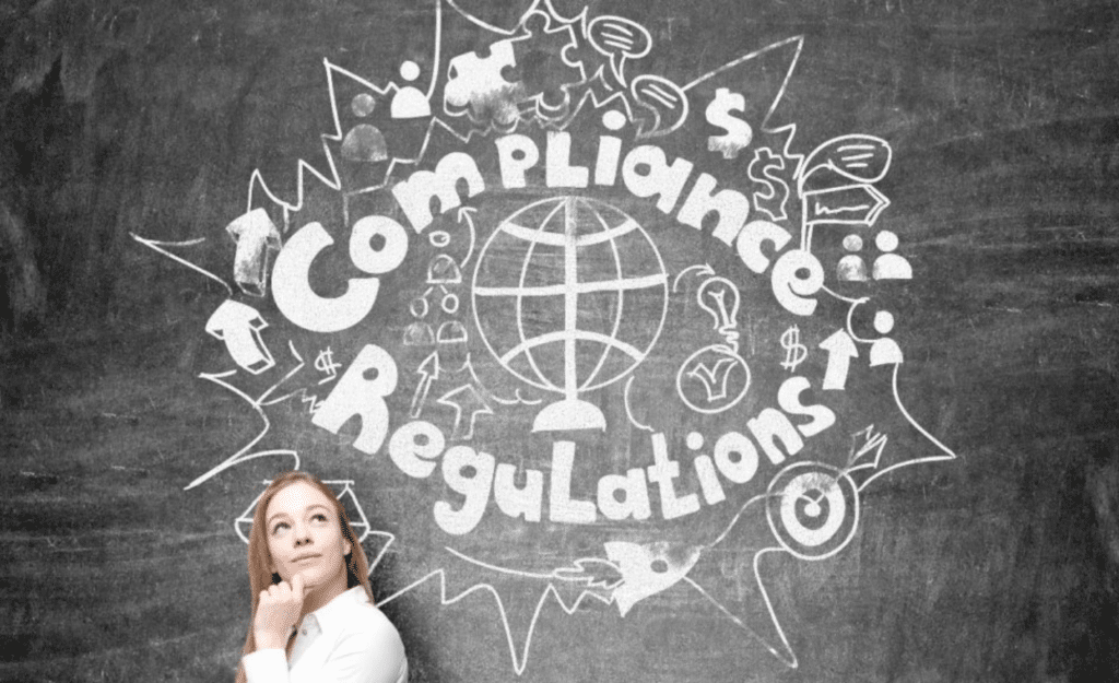 Woman thinking with "Compliance Regulations" and related icons drawn on a chalkboard in the background.