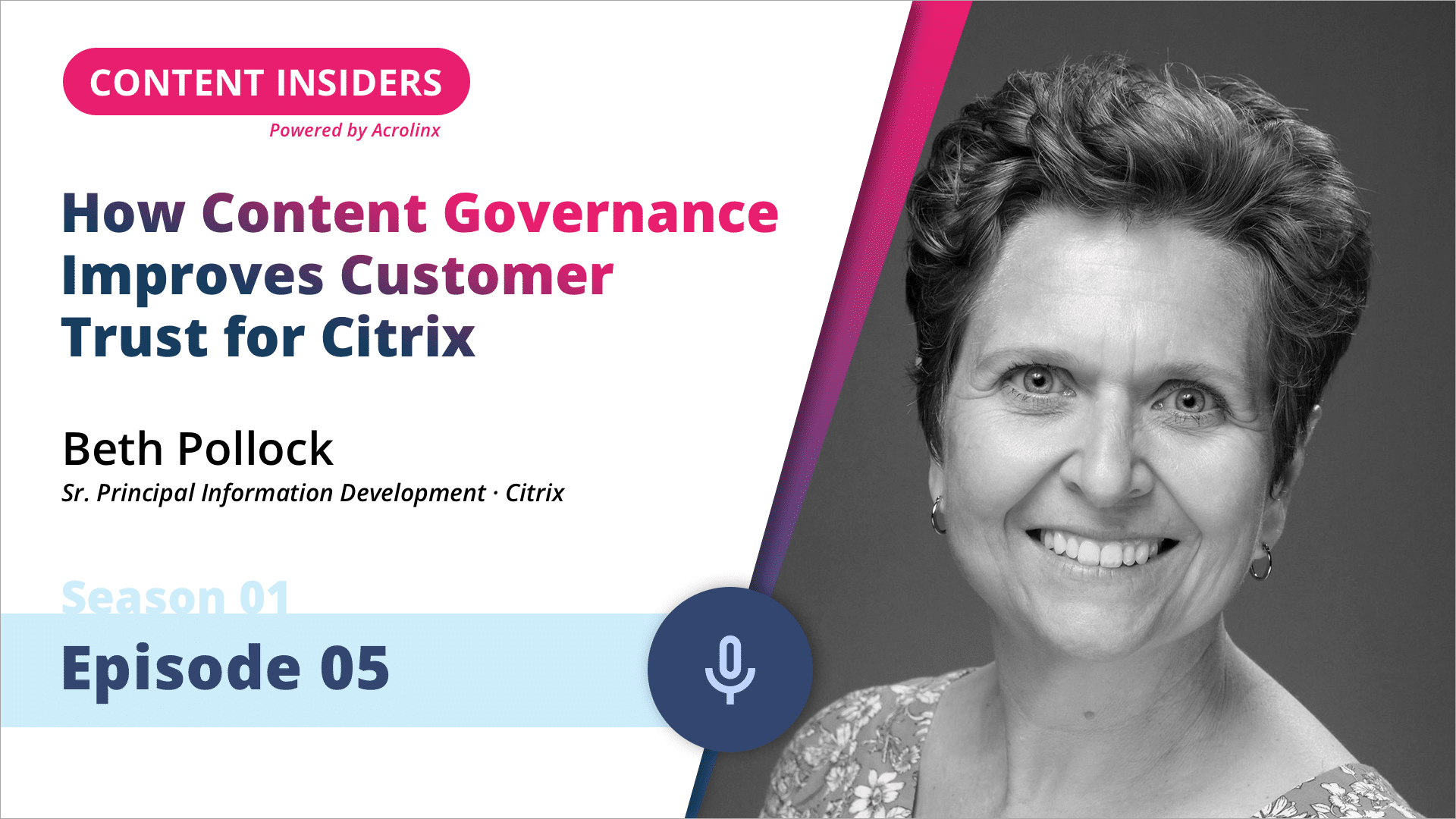 A podcast episode banner featuring Beth Pollock discussing content governance and customer trust for Citrix.