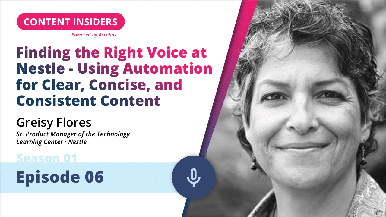 Promo for Content Insiders podcast, episode 06 with Greisy Flores discussing content automation at Nestle.