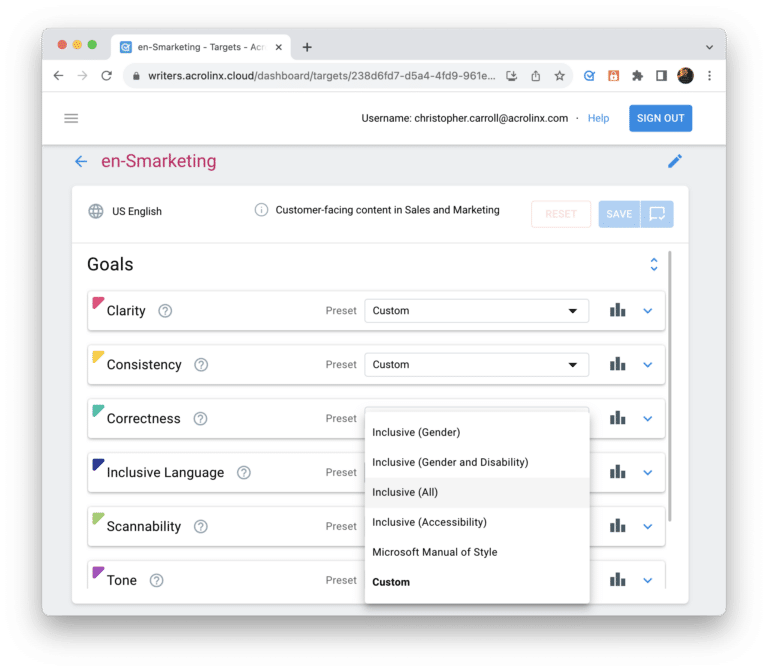 Acrolinx Targets for Inclusive Language: here, you can configure Inclusive Language rules for your writers and editors.