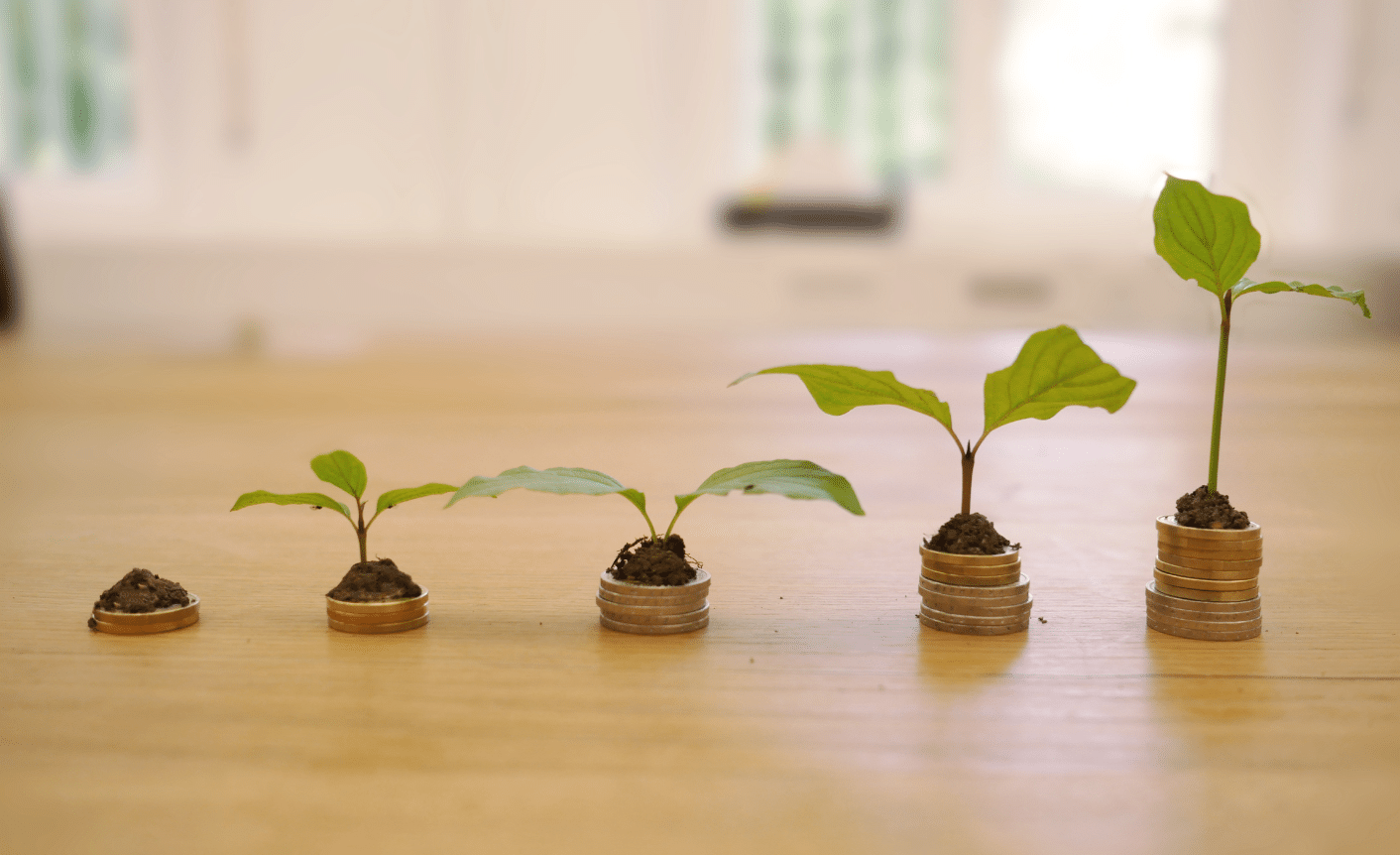 The image shows five piles of coins getting larger as they move to the right. There is a little plant on top of the piles that also grow larger as the piles of coins do. This symbolizes the cost of content and how it can grow if governed well.