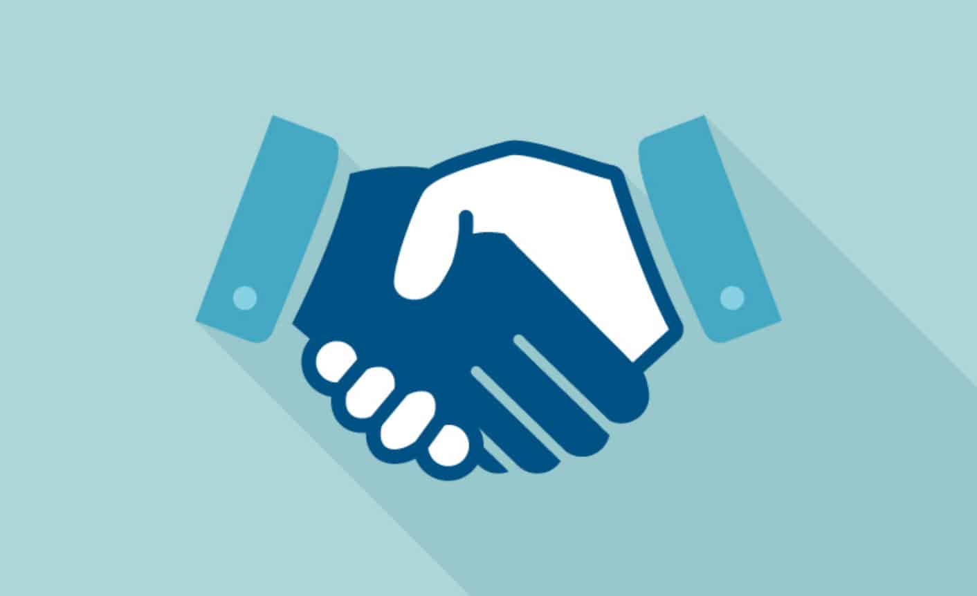 Illustration of a handshake with one hand in blue and the other in white on a light blue background.