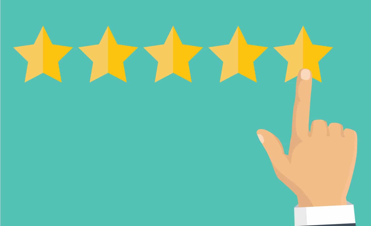 A hand pointing at the fourth star in a row of five yellow stars on a teal background, indicating a rating or review.