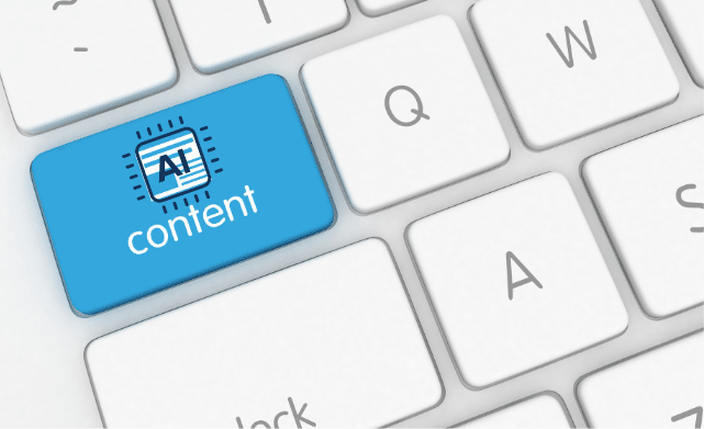 How the right AI content software can kickstart your content marketing blog. Shown with a keyboard that has AI content written on the shift key.