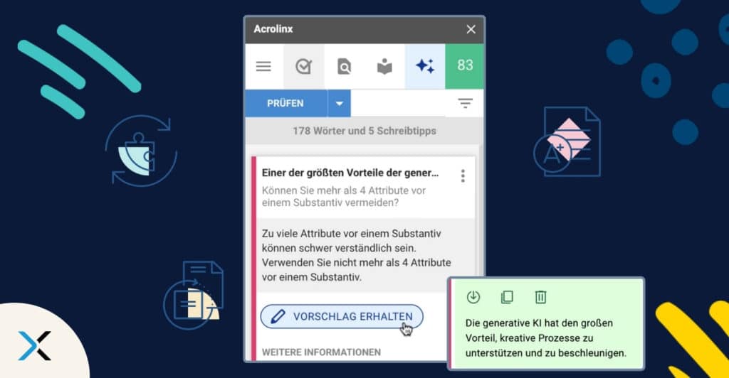 Dekorativer Banner, der die Acrolinx-Funktion mit generativer KI, "Vorschläge erhalten", zeigt.