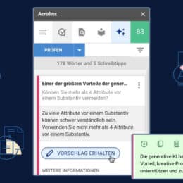 Dekorativer Banner, der die Acrolinx-Funktion mit generativer KI, "Vorschläge erhalten", zeigt.