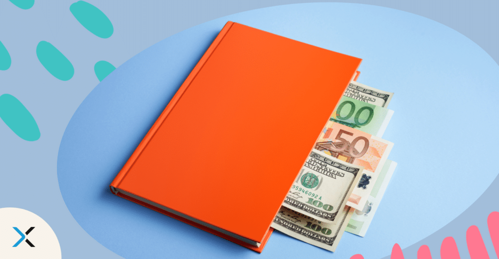 A red notebook with bank notes protuding from the pages representing a guide to content marketing for financial services.