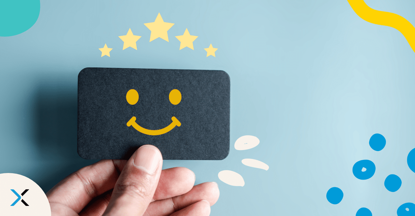 A dark card that's smiling with five stars overhead that symbolizes how Acrolinx helps build a financial services content strategy to improve CSAT scores.