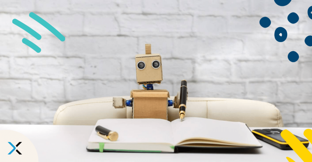 A cardboard robot in fron of a notebook holding a pen. Fine-tune generative AI models for better AI writing.