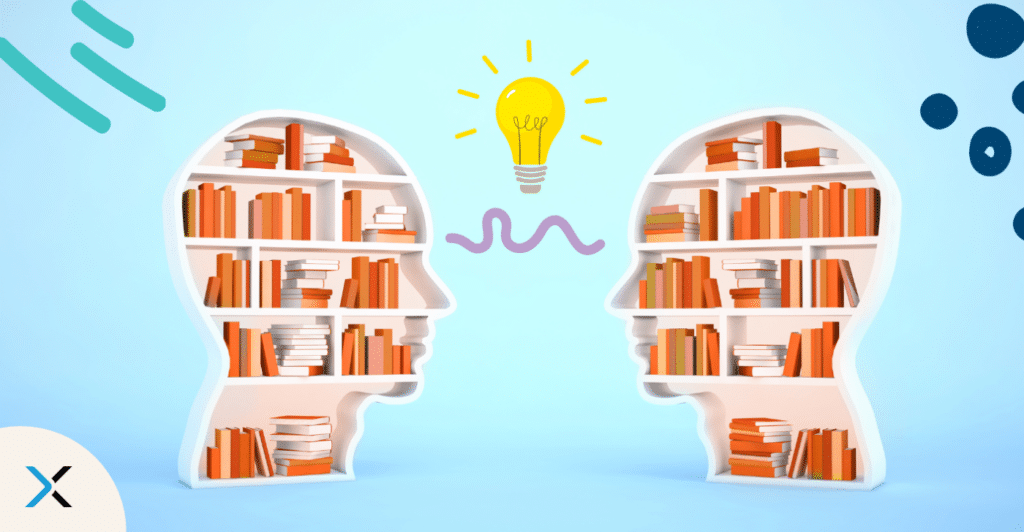 Two head shaped bookcases with a light bulb between them disuccins how to build a knowledge transfer plan with better content