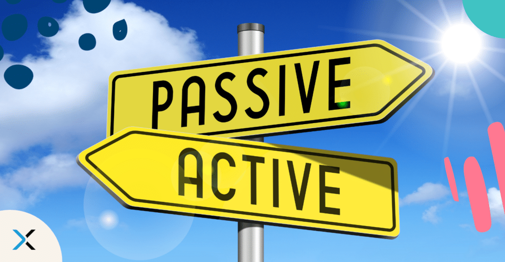 Two yellow signs reading passive and active representing passive and active voice in writing.