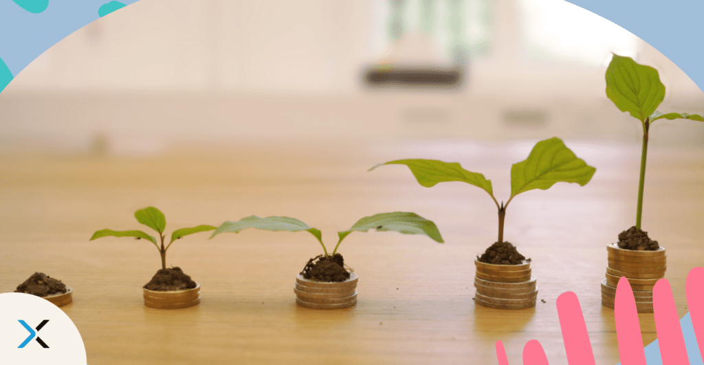 The cost of content creation blog represented by seedlings growing out of piles of coins.