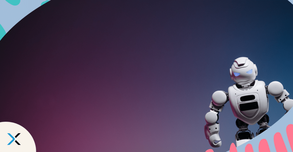 A white robot on a gradient purple background symbolizing the evolution of AI in 2025